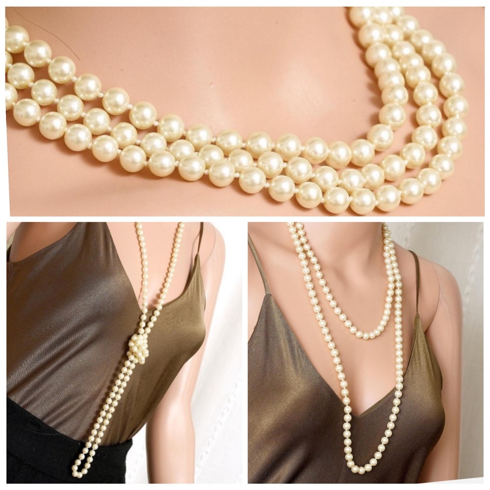 Vintage Style Long Faux Cream toned pearl Necklace 60" No Clasp wear multi‎ ways